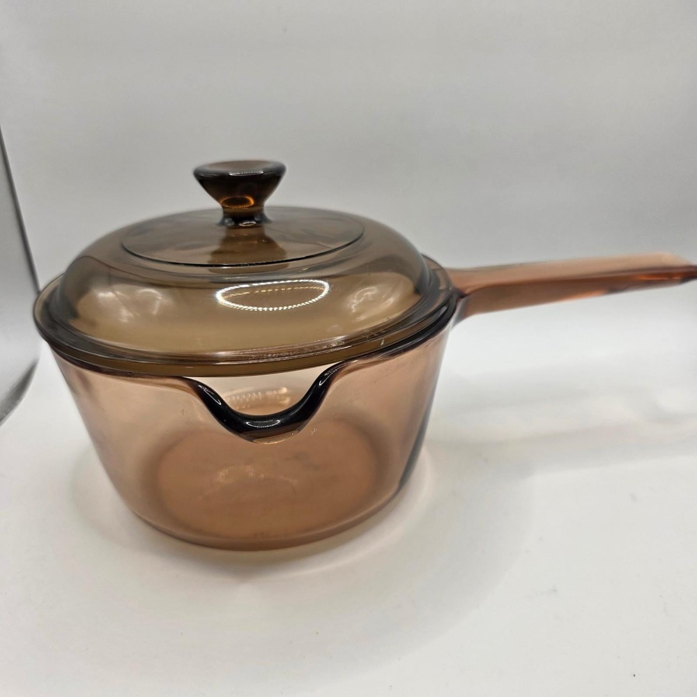 Vintage Pyrex Visions Amber Glass Saucepan with Lid and Pour Spout USA 0.5L 1L